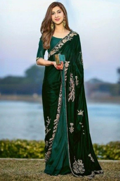 Peacock Green Organza And Velvet Embroidered Saree