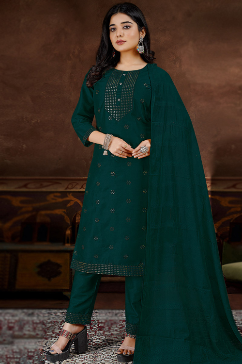 Party Wear Resham Embroidered Peacock Green Trouser Suit in Silk