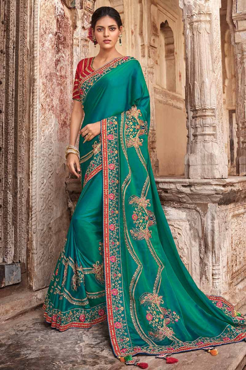 Buy Peacock Green Silk Saree With Dupion Silk Blouse Online - SARV02727 ...