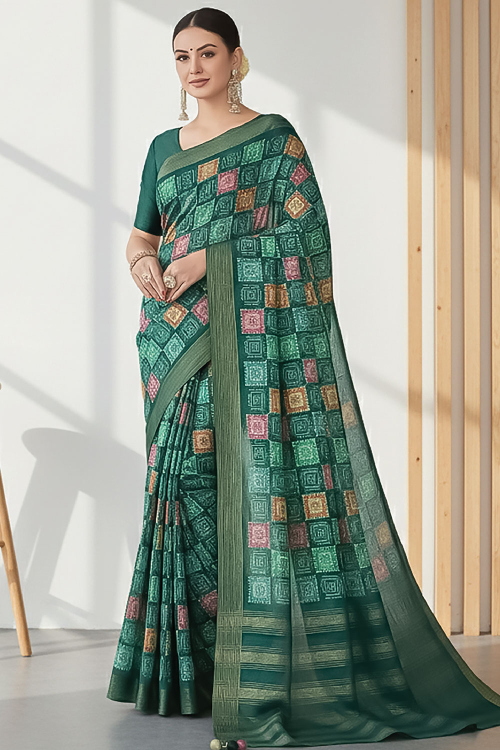 Peacock Green Tissue Silk Printed Light Weight Saree 