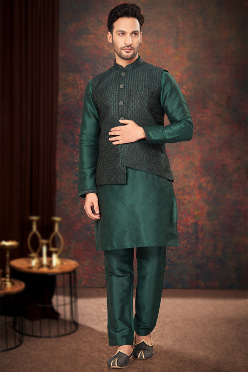 Peacock Green Weaved Thread Men's Kurta Pajama With Waist Coat