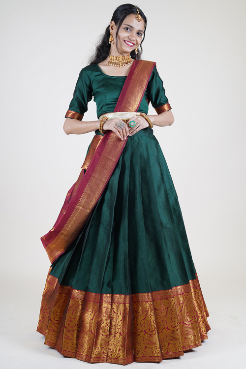 Peacock Green Weaved Zari Silk South Indian Style Lehenga