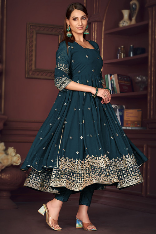 Peacock Green Zari Embroidered Anarkali Suit For Eid 