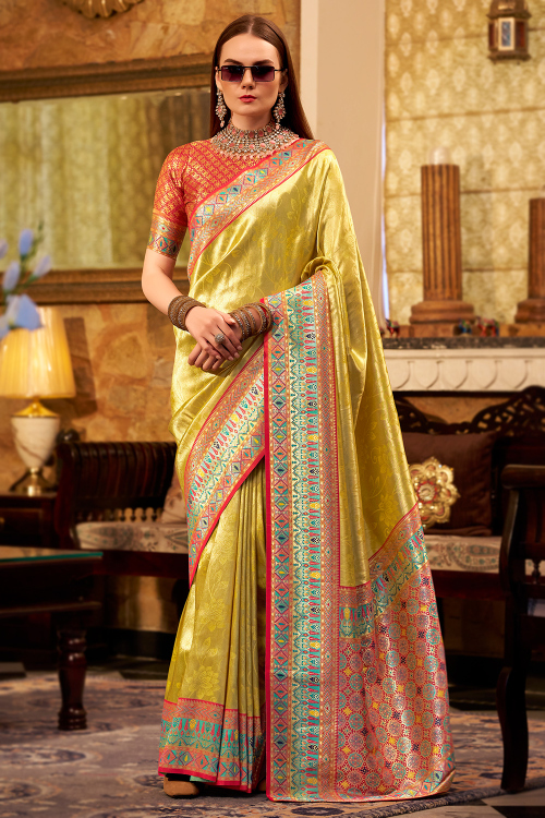 Pear Green Art Silk Broad Border Saree With Weaved Work