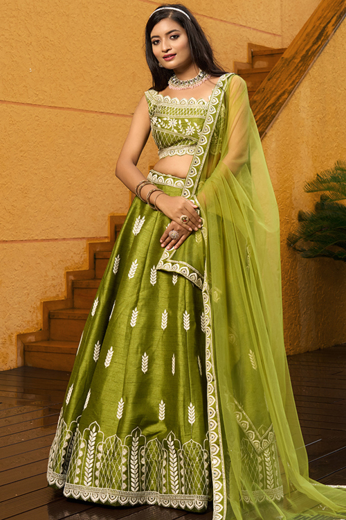 Pear Green Art Silk Embroidered A Line Lehenga 