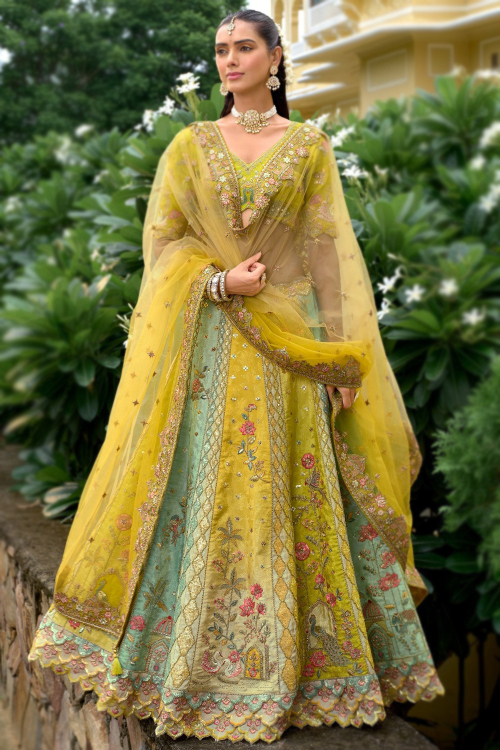Pear Green Art Silk Resham Thread A Line Lehenga