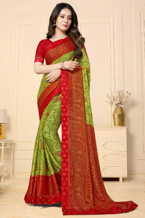 Brasso Pear Green Printed Party Wear Saree