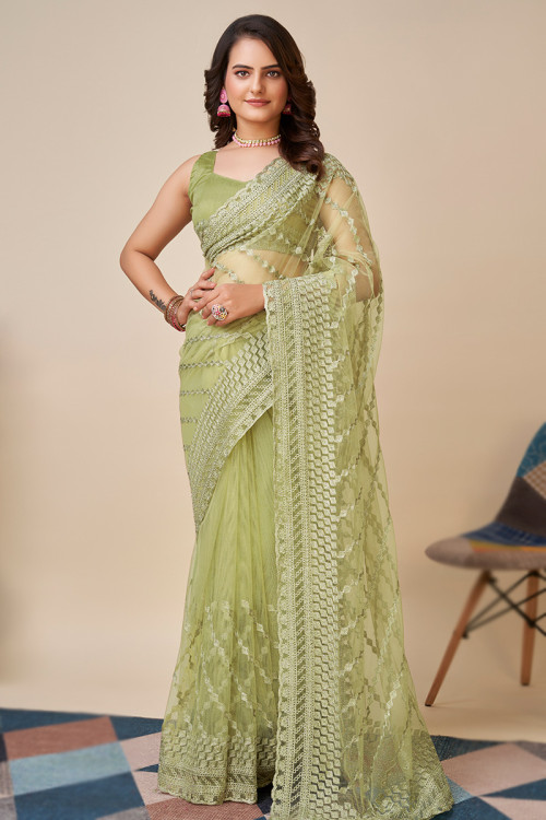 Pear Green Casual Wear Embroidered Net Saree 