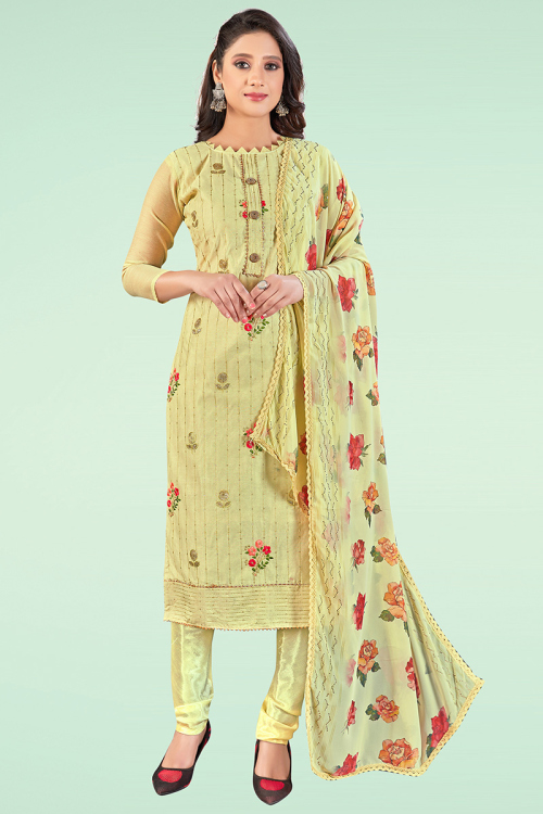 Pear Green Chanderi Embroidered Churidar Suit
