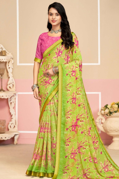 Pear Green Chiffon Printed Saree For Casual Wear 