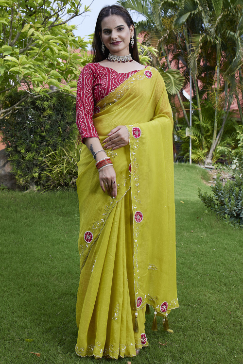 Pear Green Chiffon Saree With Stone Work For Festival 