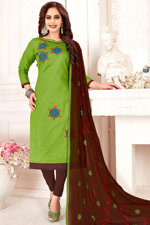 Pear Green Cotton Embroidered Casual Wear Legging Suit