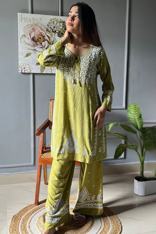 Pear Green Cotton Embroidered Palazzo Suit For Festival