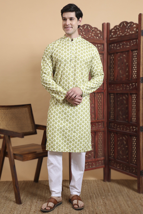 Pear Green Cotton Men's Kurta Pajama With Printed Work For Festival