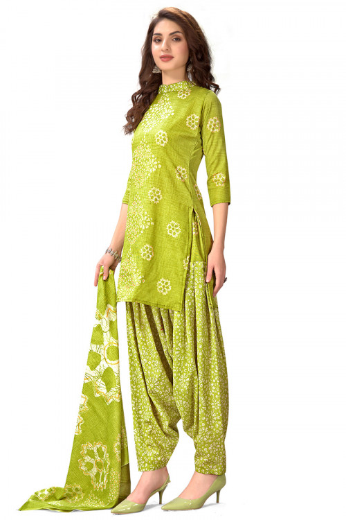 Pear Green Cotton Printed Casual Wear Patiala Suit
