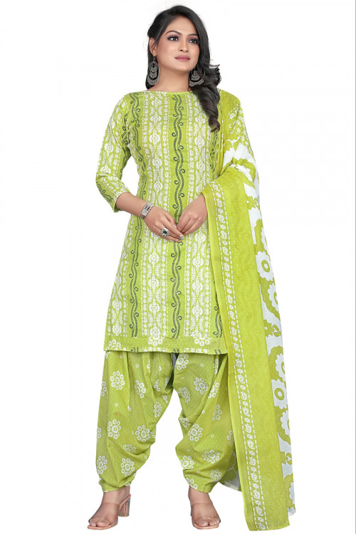 Pear Green Cotton Printed Casual Wear Patiala Suit Salwar 