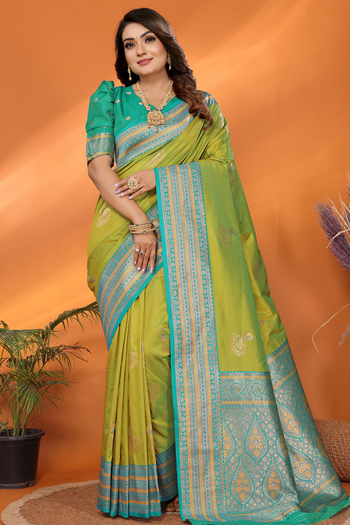 Pear Green Cotton Silk Weaved Broad Border Saree