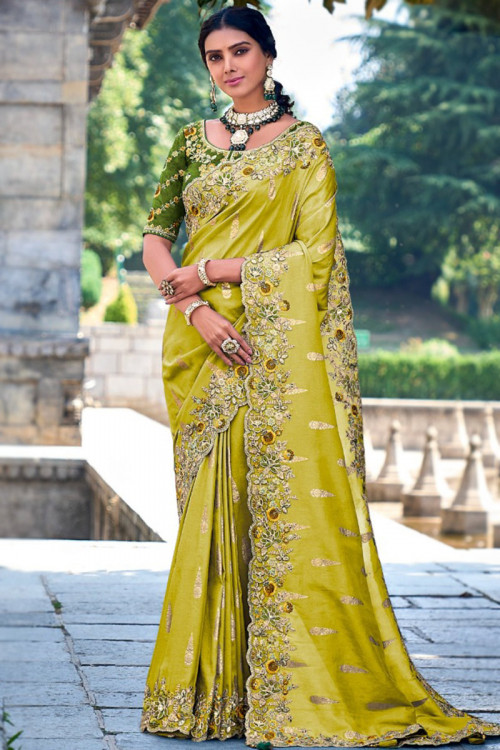 Pear Green Dori Embroidered Wedding Wear Silk Saree 