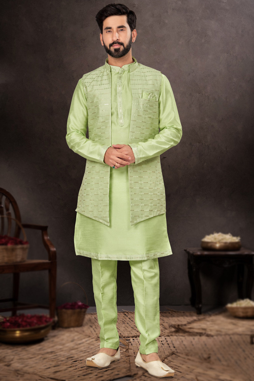 Pear Green Dupion Silk Men's Kurta Pajama With Embroidered Jacket
