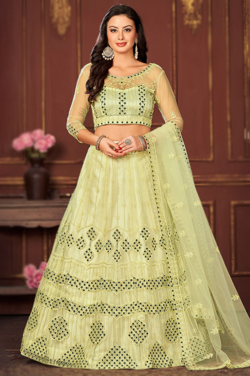 Pear Green Embroidered A-Line Net Lehenga
