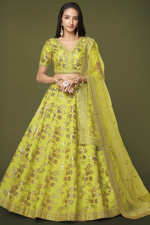 Pear Green Embroidered Silk Mehndi Lehenga Choli 