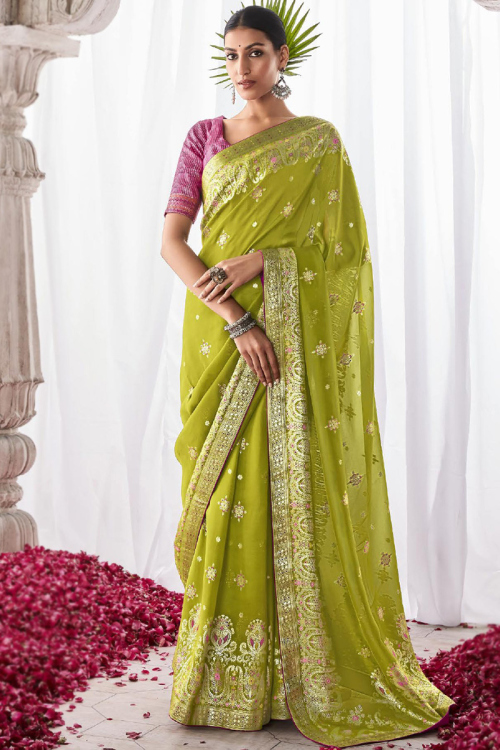 Pear Green Kora Silk Weaved Traditional Saree 