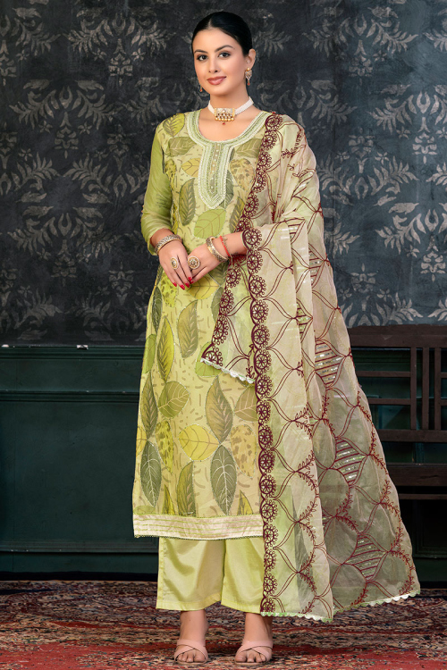 Pear Green Organza Printed Straight Cut Palazzo Suit