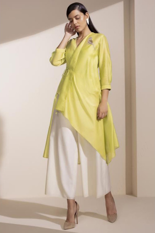 Pear Green Organza Silk Embroidered Indo-Western Palazzo Suit