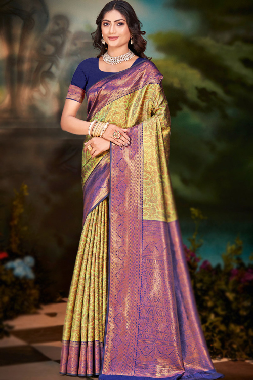 Pear Green Paisley Print Silk Broad Border Saree For Mehndi