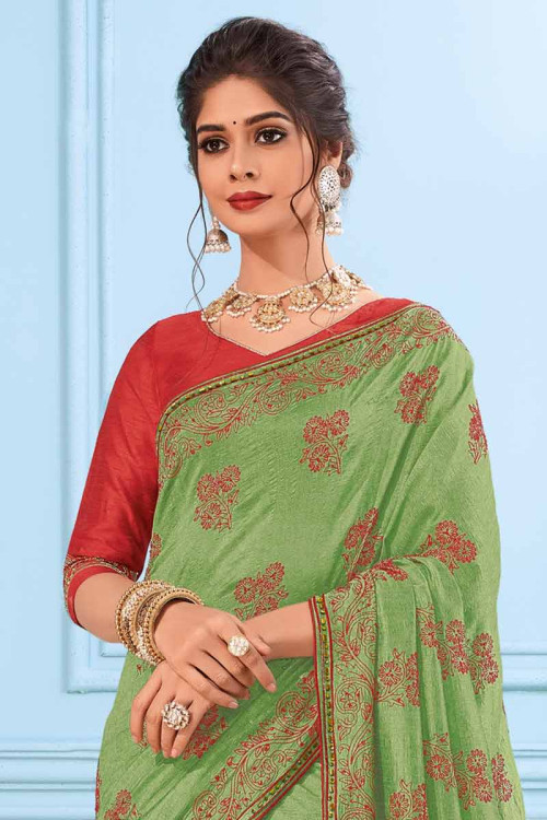 Buy Pear Green Raw Silk Saree With Banglori Silk Blouse Online ...