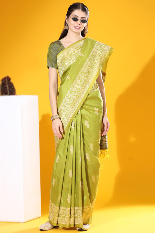 Raw Silk Saree with Weaved Thread Work in Pear Green for Party