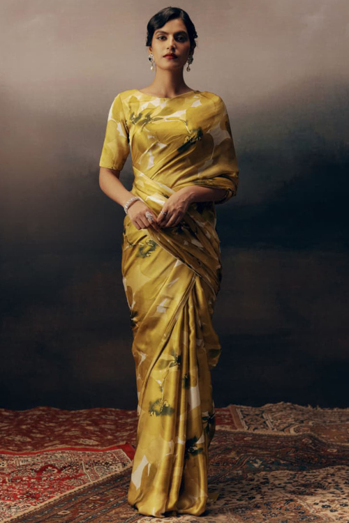 Pear Green Satin Printed Light Weight Saree