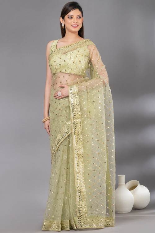 Pear Green Sequins Embroidered Party Wear Net Saree 