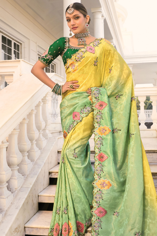 Pear Green Silk Embroidered Heavy Saree 