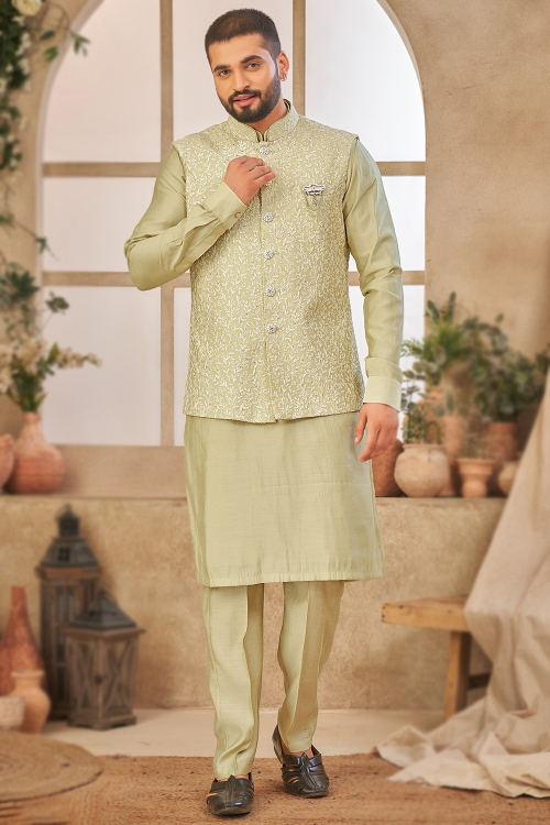 Pear Green Silk Men's Kurta Pajama With Embroidered Jacket