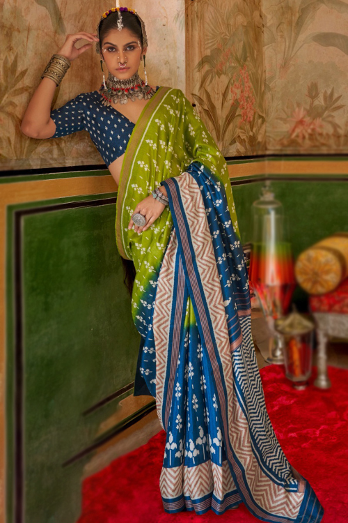 Pear Green Silk Printed Half And Half Saree