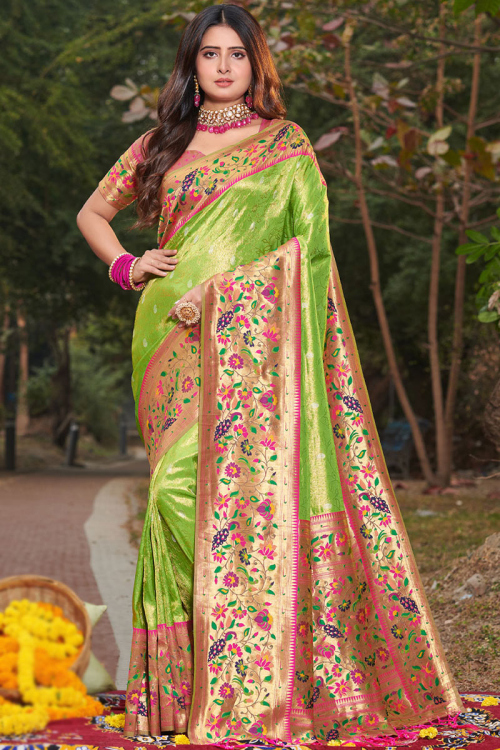 Silk Saree in Pear Green colour with Zari Work for Mehndi
