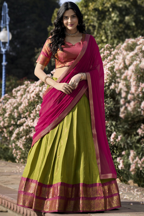 Pear Green Silk Woven Zari A-line style Lehenga