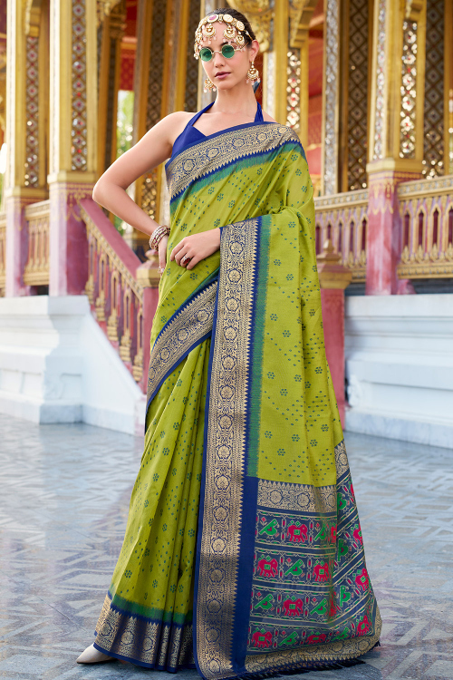 Green Silk Woven Zari Saree with Zari & Thread Work Embroidery
