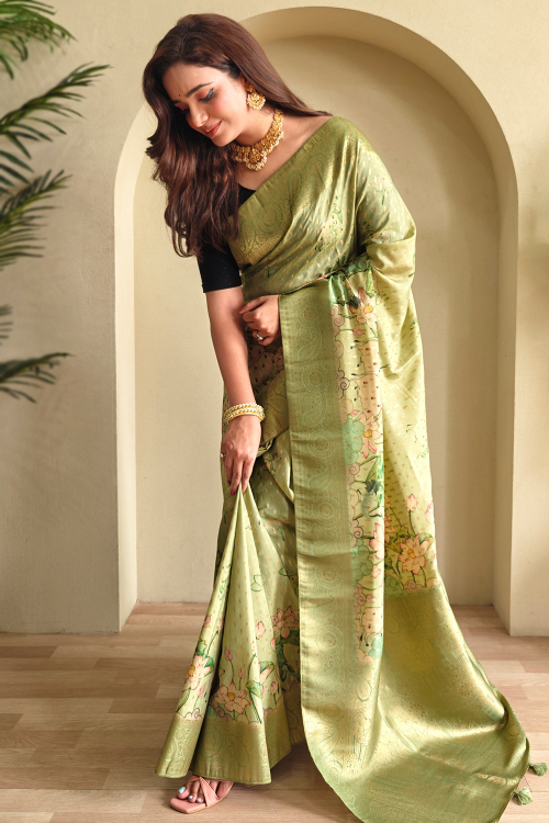 Pear Green Soft Silk Saree With Printed Work For Festival