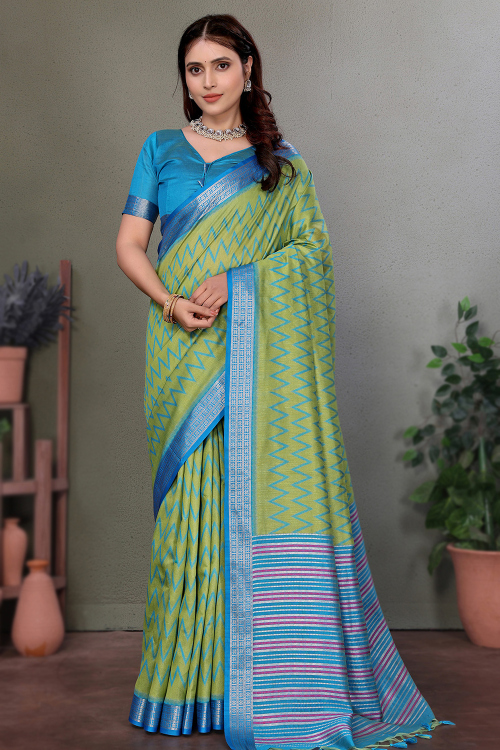 Pear Green Soft Silk Saree With Printed Work For Festival