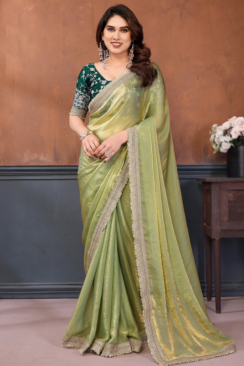 Pear Green Tissue Saree With Lace Work For Diwali