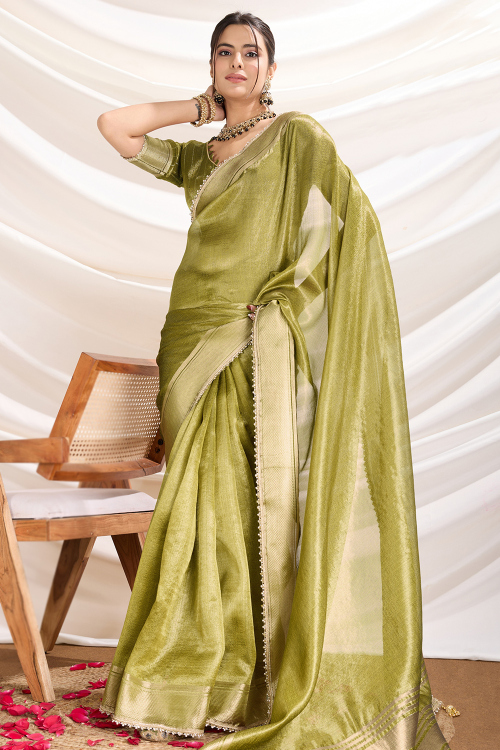 Pear Green Tissue Saree with Woven Zari Work for Diwali 