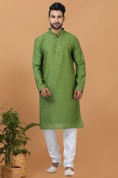 Pear Green Viscose Embroidered Straight Cut Men's Kurta Churidar
