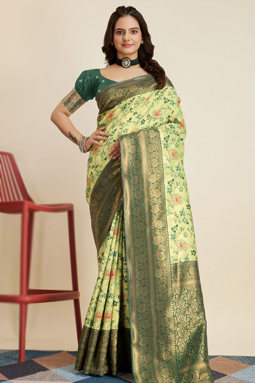Pear Green Weaved Zari Banarasi Silk Saree For Mehndi 