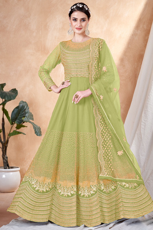 Pear Green Zari Embroidered Net A-Line Anarkali Suit 