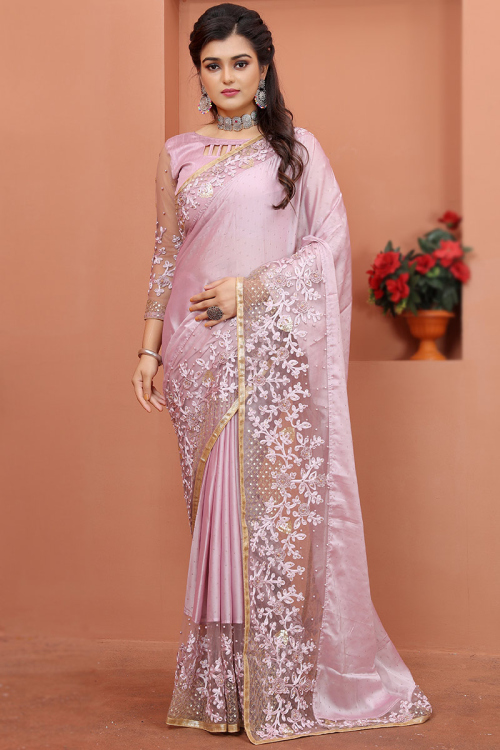 Pearl Embroidered Silk Pastel Pink Saree