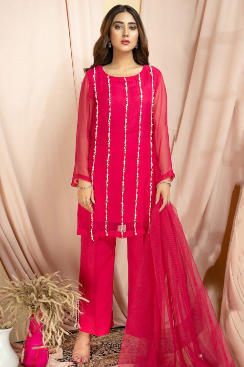 Embroidered Georgette Cerise Pink Trouser Suit