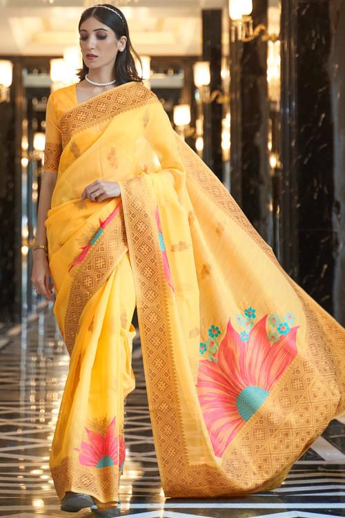 Buy Satrani Turmeric Yellow Bandhani Print Saree With Unstitched Blouse for  Women Online @ Tata CLiQ