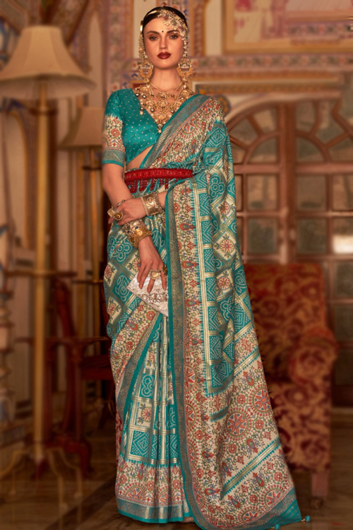 Persian Green Art Silk Bandhej Print Traditional Saree 